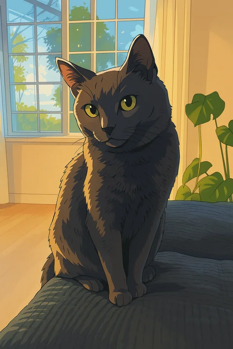 An illustrated portrait of Chad, our cat, sitting beside a sunny window.