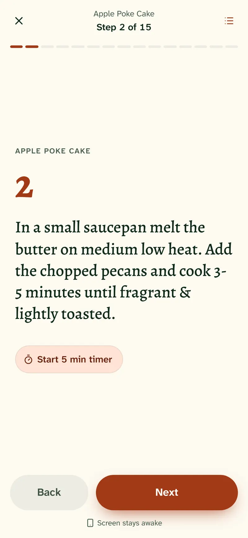 Cook Mode on a phone, showing step 2 with a timer button