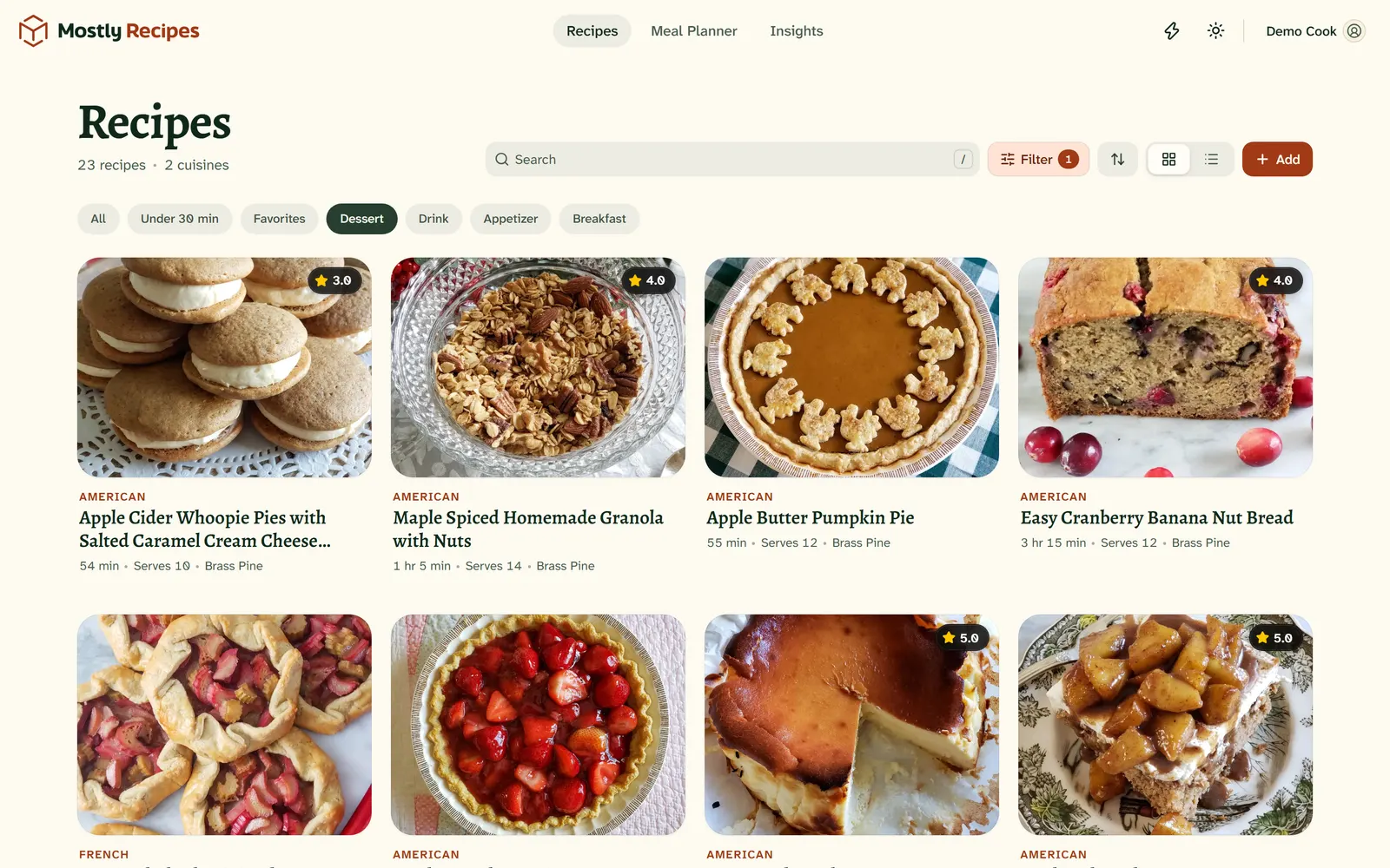 Recipe library filtered to desserts, showing a grid of photographed recipes