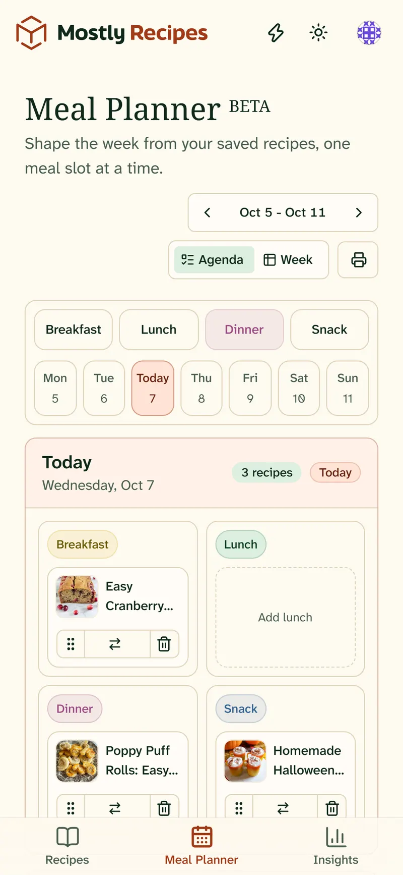 Meal Planner on a phone, showing today’s planned meals